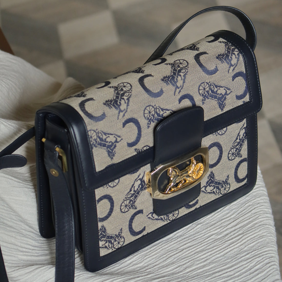 Celine Vintage Triomphe Horse Carriage C Sulky Dark Navy Shoulder Bag