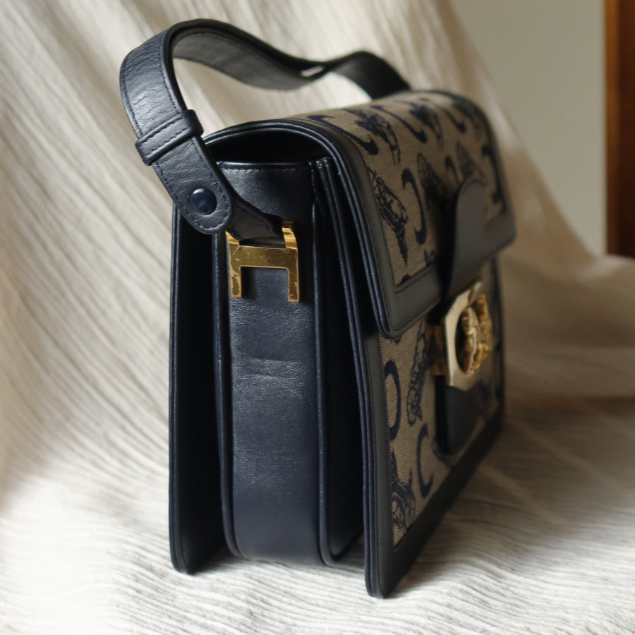 Celine Vintage Triomphe Horse Carriage C Sulky Dark Navy Shoulder Bag