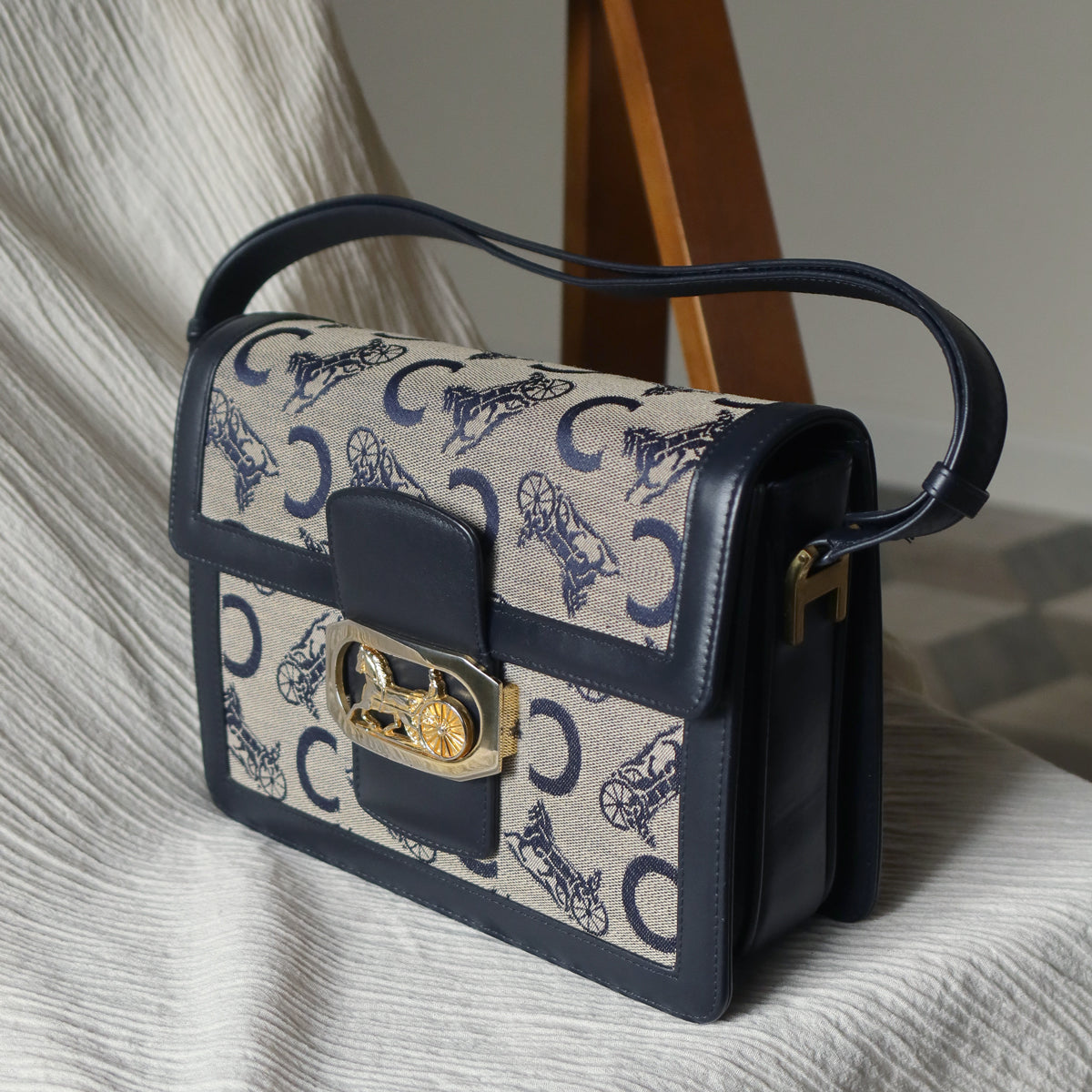 Celine Vintage Triomphe Horse Carriage C Sulky Dark Navy Shoulder Bag