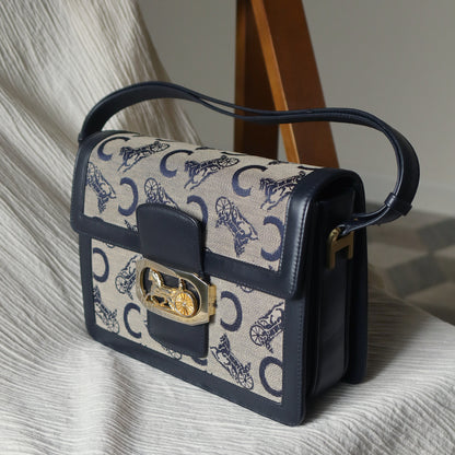 Celine Vintage Triomphe Horse Carriage C Sulky Dark Navy Shoulder Bag