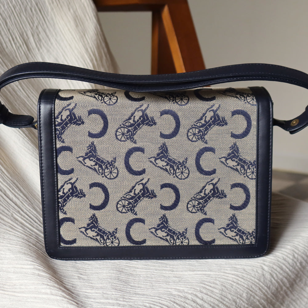 Celine Vintage Triomphe Horse Carriage C Sulky Dark Navy Shoulder Bag