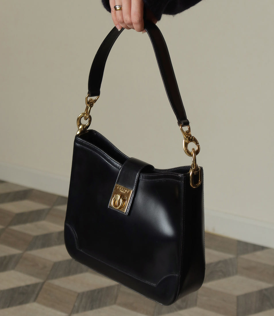 Celine Vintage Classic Black Leather Gancini Gold Buckle Shoulder Bag