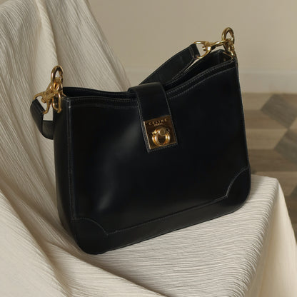 Celine Vintage Classic Black Leather Gancini Gold Buckle Shoulder Bag