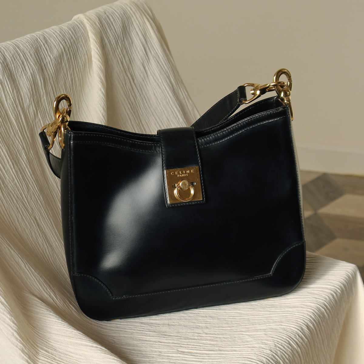 Celine Vintage Classic Black Leather Gancini Gold Buckle Shoulder Bag