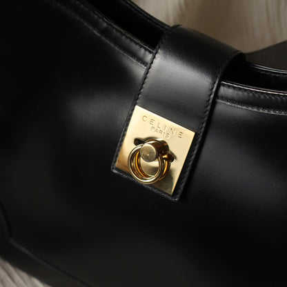 Celine Vintage Classic Black Leather Gancini Gold Buckle Shoulder Bag