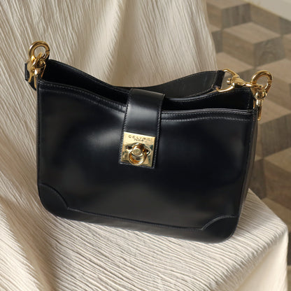 Celine Vintage Classic Black Leather Gancini Gold Buckle Shoulder Bag