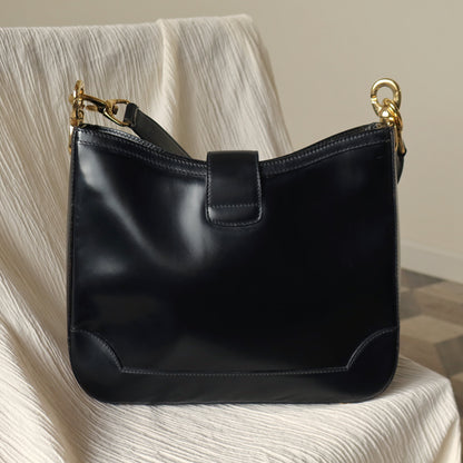 Celine Vintage Classic Black Leather Gancini Gold Buckle Shoulder Bag