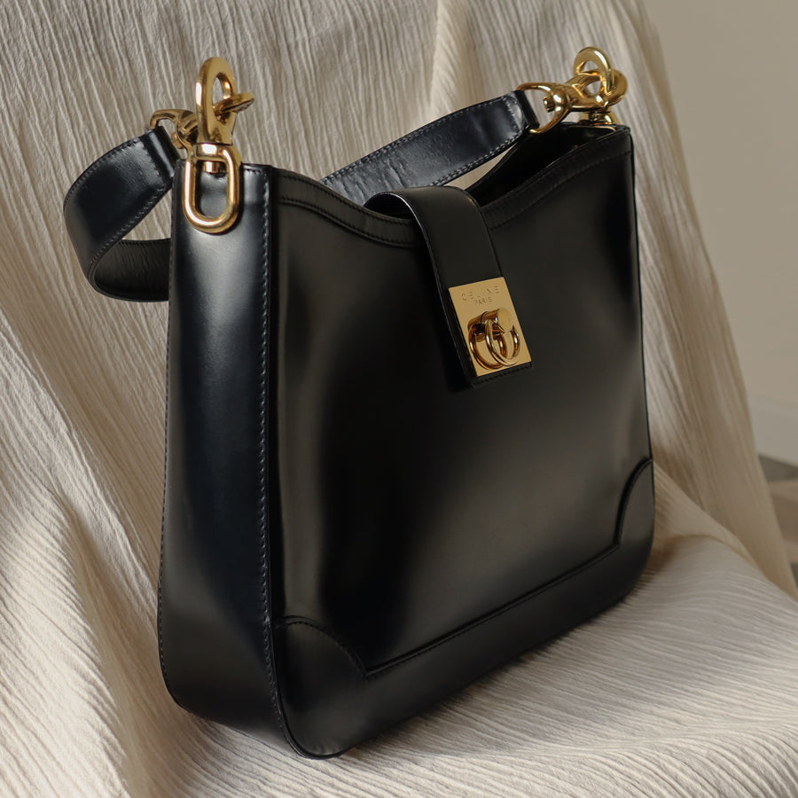 Celine Vintage Classic Black Leather Gancini Gold Buckle Shoulder Bag