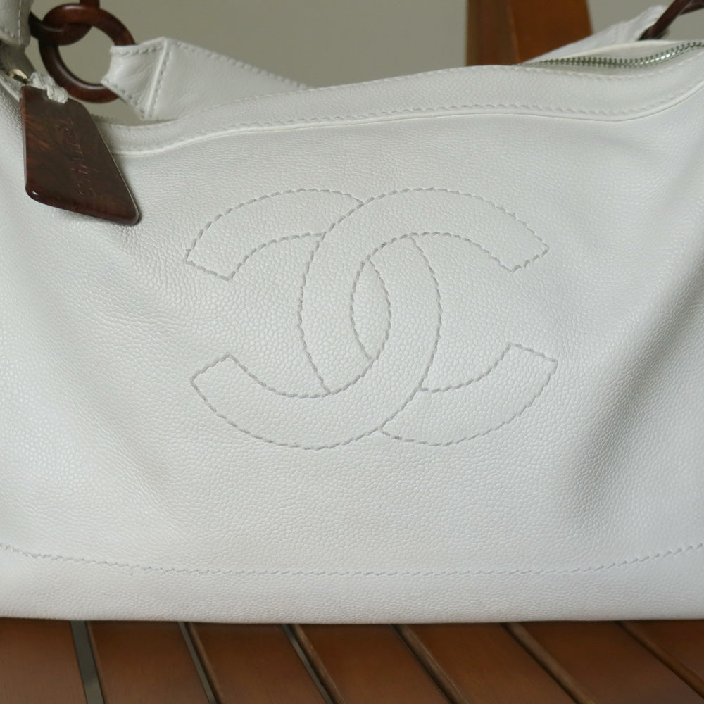 Chanel Vintage White Caviar Leather CC mark Hobo Shoulder Bag