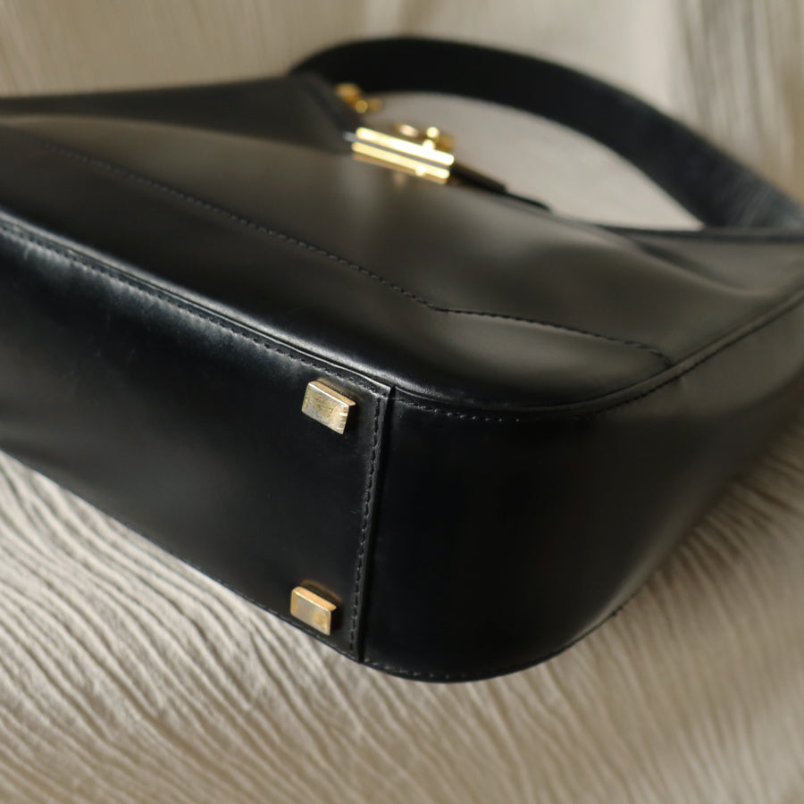 Celine Vintage Classic Black Leather Gancini Gold Buckle Shoulder Bag