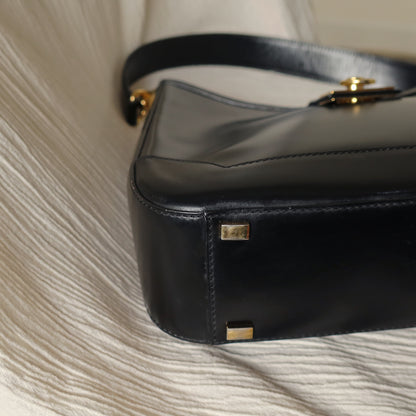 Celine Vintage Classic Black Leather Gancini Gold Buckle Shoulder Bag