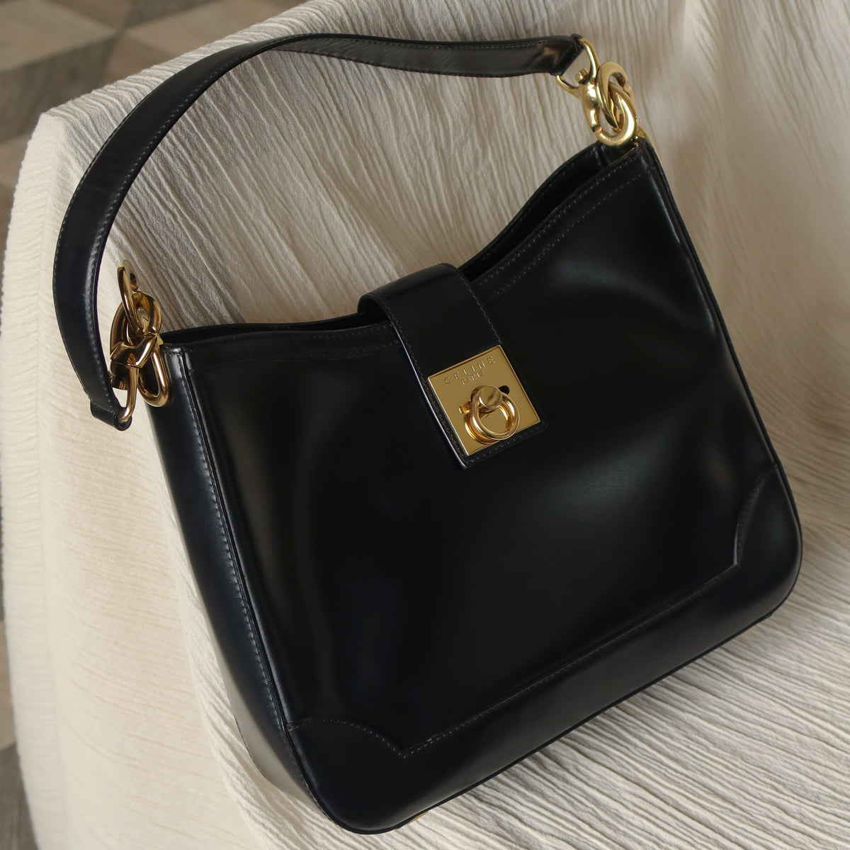 Celine Vintage Classic Black Leather Gancini Gold Buckle Shoulder Bag