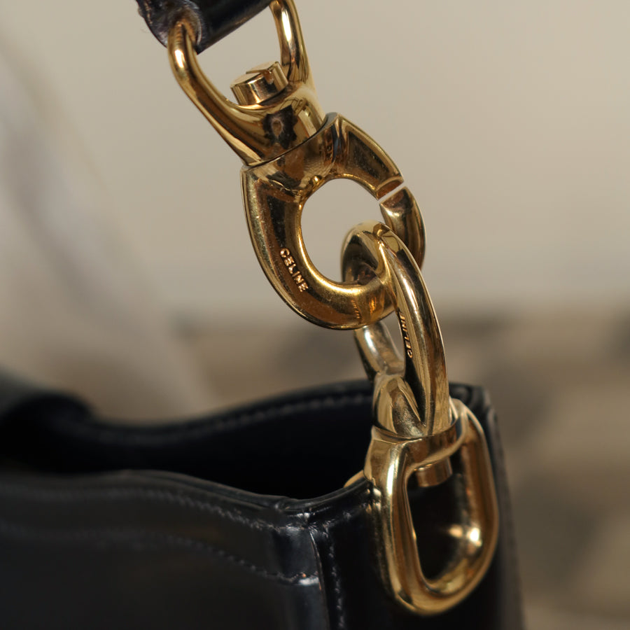 Celine Vintage Classic Black Leather Gancini Gold Buckle Shoulder Bag