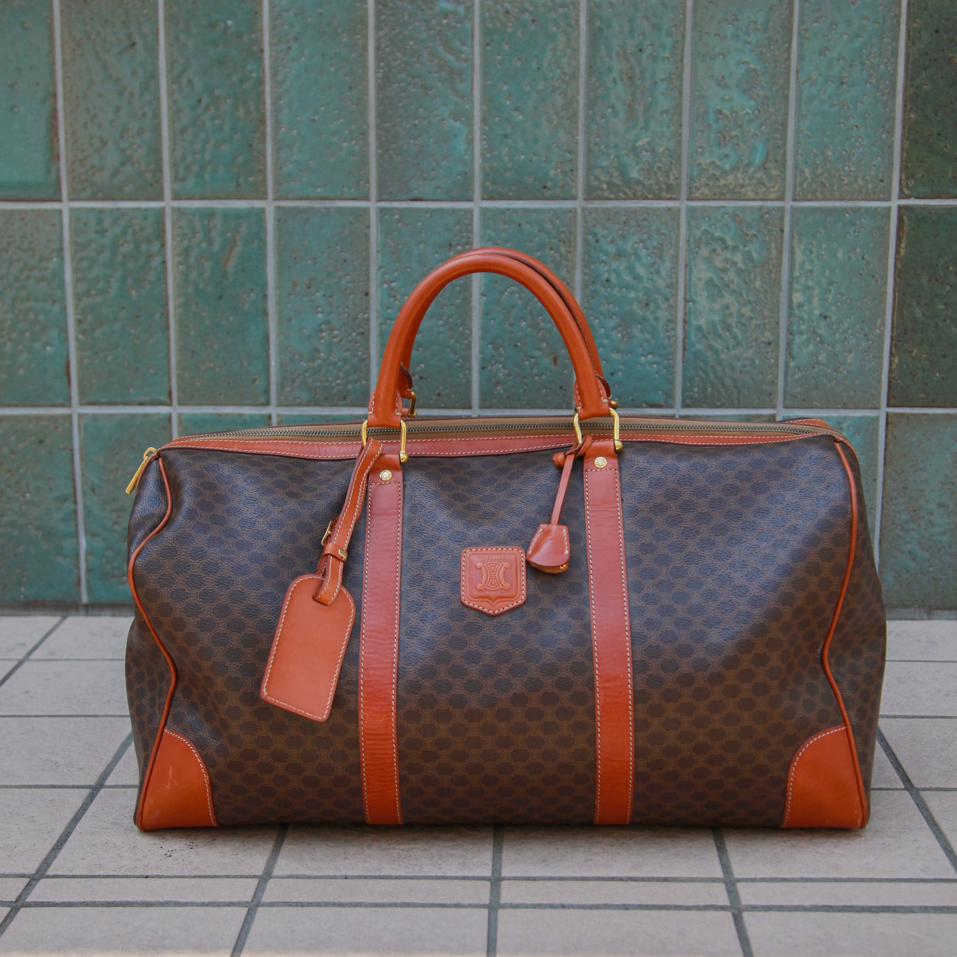 Celine Vintage Macadam Mini Boston Bag Handbag Brown Dark Pvc